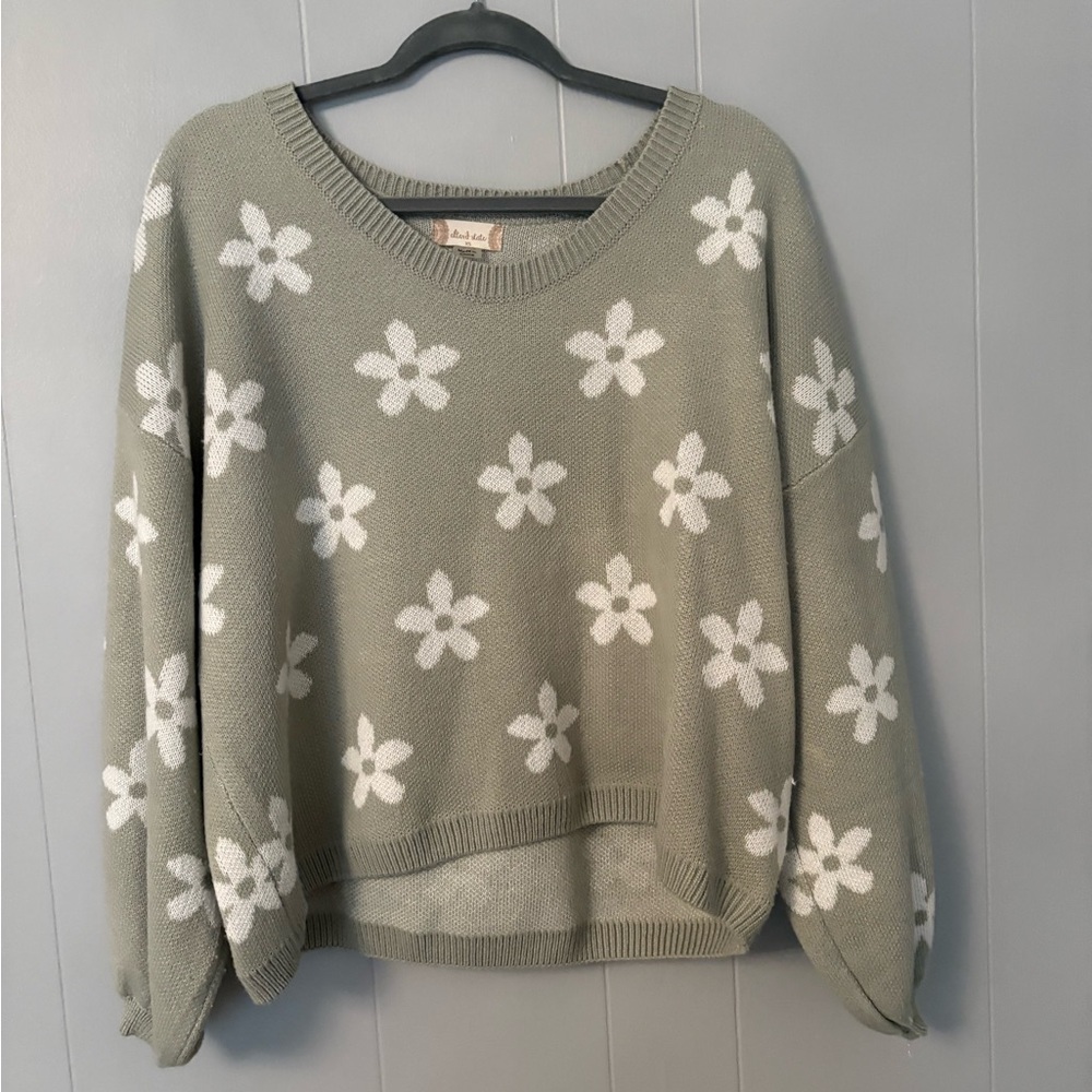 Altar'd State Green and White Crew Neck Sweater with Floral Design